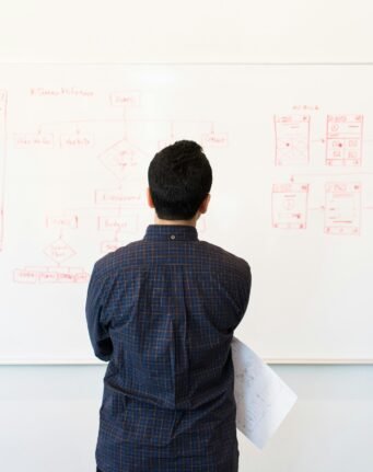 Man analyzing design flowchart on whiteboard in a professional office setting.