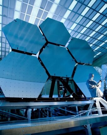 Engineers in protective suits work on telescopic mirrors in a high-tech lab.
