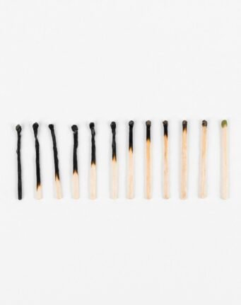 A sequence of matchsticks showing stages from burnt to intact on a white background.